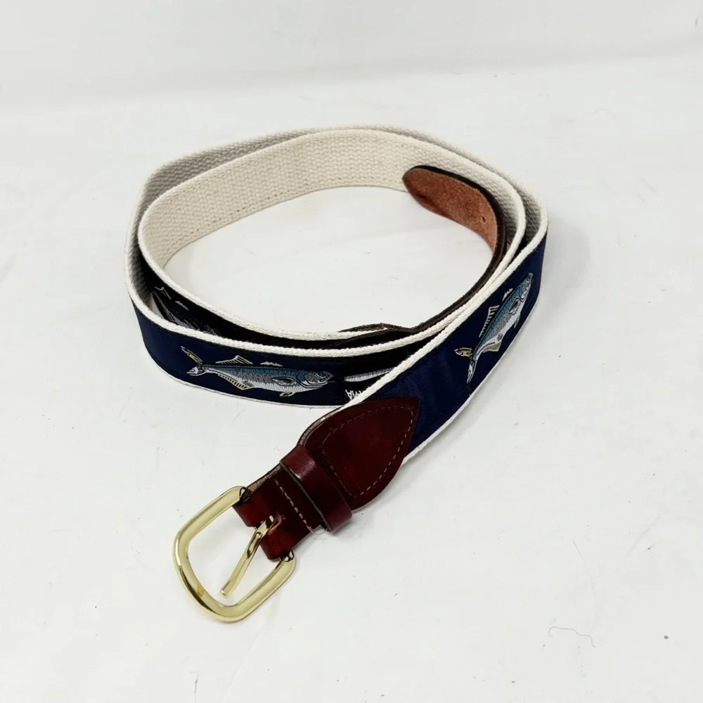 CHALHAM T COMPANY CAPE COD MA Men’s Ribbon Belt Fish Blue Fishing Preppy Sz XXL